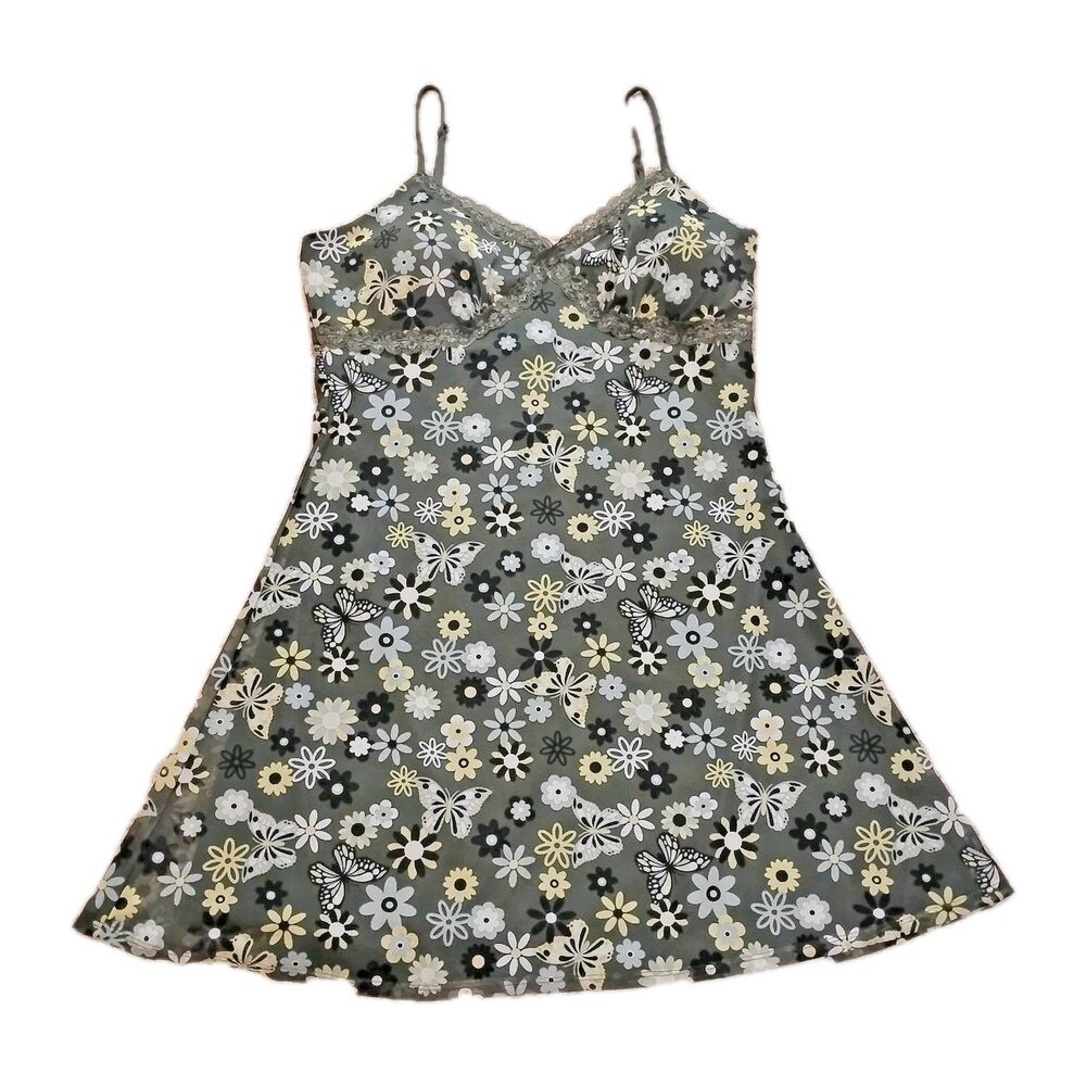 Green Y2K Slip Dress Flowers Mesh Lace Padded Cups XL New 90s 70s Goth Grunge - Picture 2 of 8